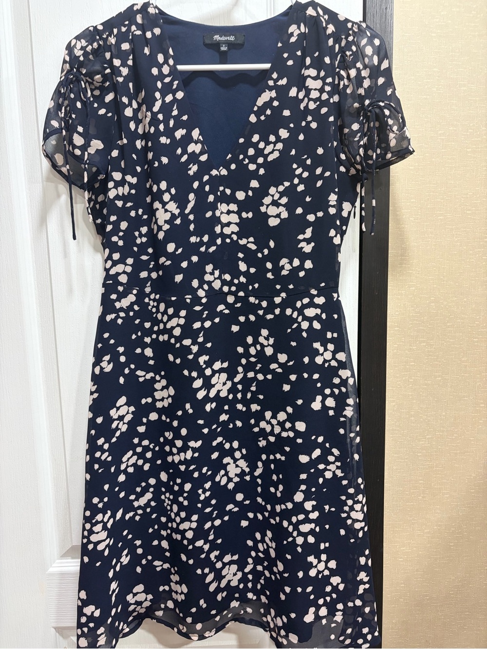 Madewell Navy and Cream Floral V-Neck Midi Dress with Puff Sleeves
